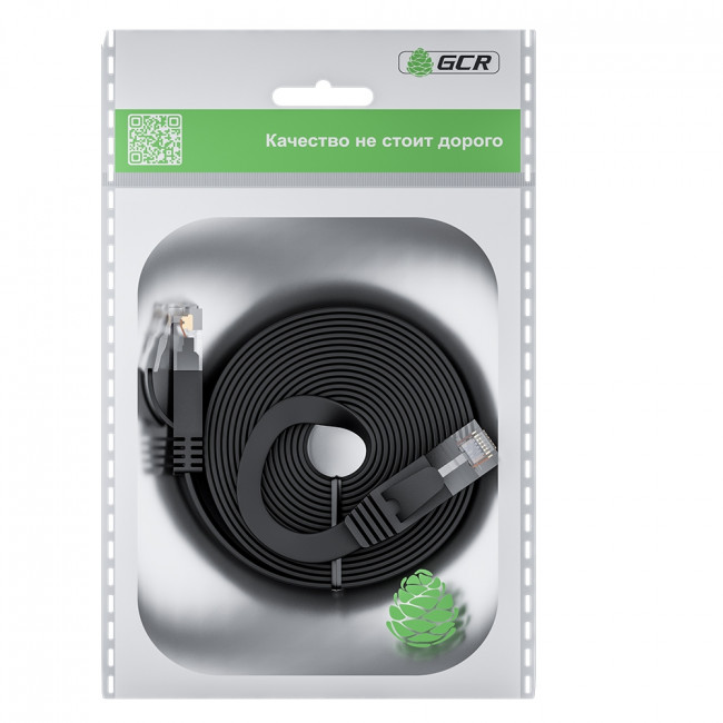 GCR Патч-корд PROF плоский прямой 7.5m, UTP медь кат.6, черный, 30 AWG, ethernet high speed 10 Гбит/с, RJ45, T568B, GCR-52878 Greenconnect RJ45(m) - RJ45(m) Cat. 7 U/UTP PVC 7.5м