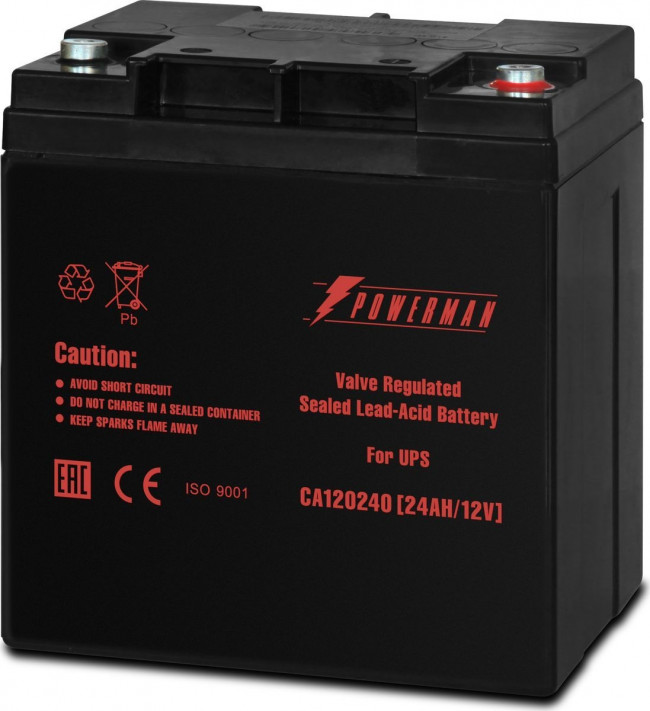 Батарея POWERMAN Battery CA12240, напряжение 12В, емкость 24Ач, макс. ток разряда 360А, макс. ток заряда 7.2А, свинцово-кислотная типа AGM, тип клемм M1, Д/Ш/В 166/126/174, 8.4 кг. Powerman CA12240/UPS — для бизнеса и офиса