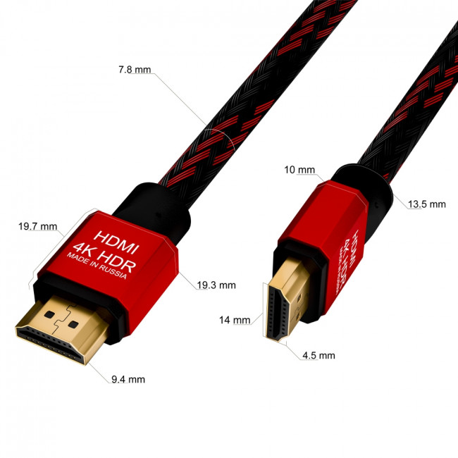 GCR Кабель 0.3m HDMI версия 2.0, HDR 4:2:2, Ultra HD, 4K 60 fps 60Hz/5K*30Hz, 3D, AUDIO, 18.0 Гбит/с, 28/28 AWG, OD7.8mm, тройной экран, BICOLOR нейлон, AL корпус красный, GCR-52289 Greenconnect HDMI (m) - HDMI (m) 0.3м — для бизнеса и офиса