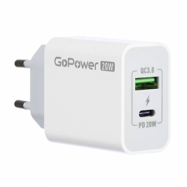 Сетевое З/У Сетевое З/У GoPower GPQC08 1USB+1Type-C 20W QC3.0 белый — для бизнеса и офиса