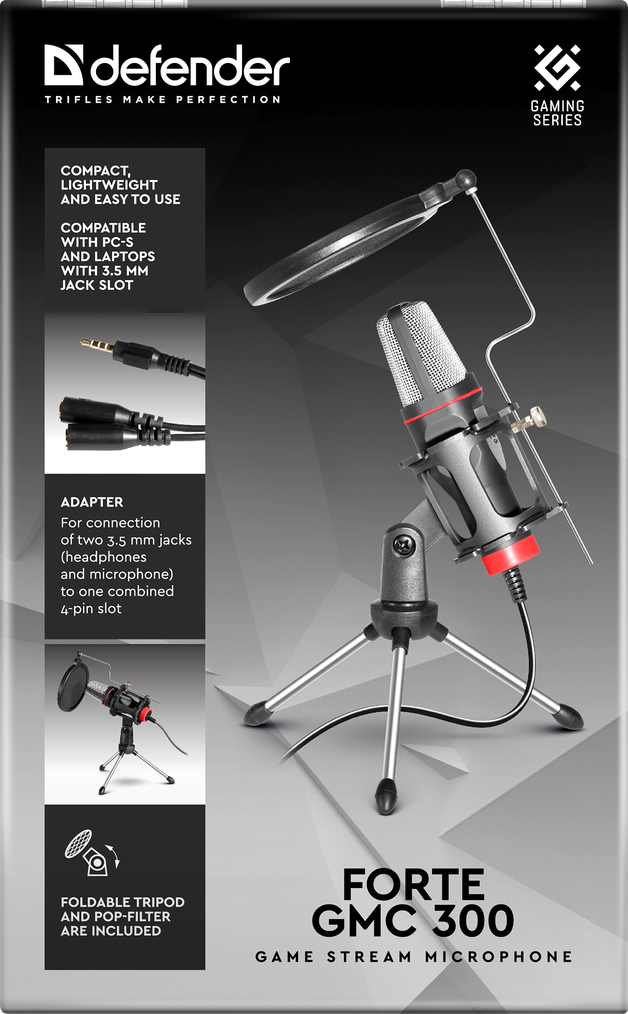 Defender Игровой стрим микрофон Forte GMC 300 3,5 мм, провод 1.5 м Defender Forte GMC 300 — для бизнеса и офиса