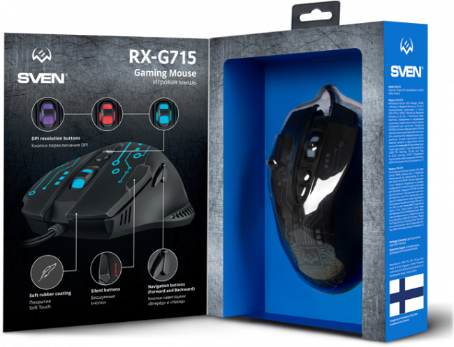 Игровая мышь SVEN RX-G715 (7+1кл., бесш. кл., 1200-3200 DPI, SoftTouch, подсветка, игров. упак) Sven RX-G715 — для бизнеса и офиса