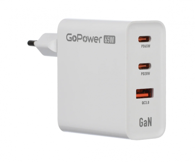 Сетевое З/У Сетевое З/У GoPower GPQC10 1USB+2Type-C 65W QC3.0 GAN белый — для бизнеса и офиса