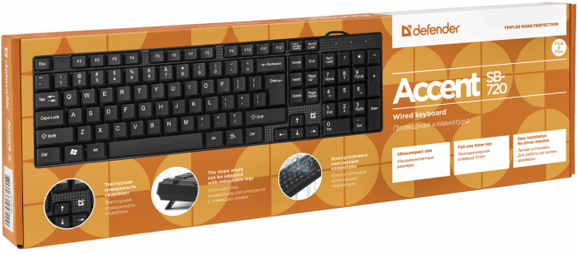 Defender Проводная клавиатура Accent SB-720 RU,черный,компактная USB Defender Accent SB-720