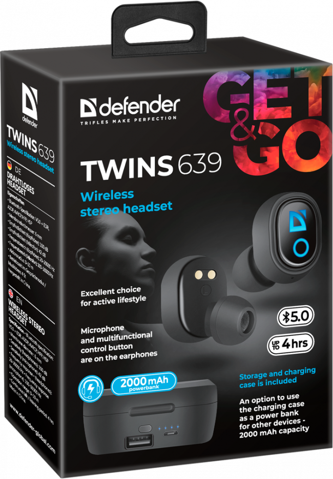 Defender Беспроводная гарнитура Twins 639 черный,TWS, PB, Bluetooth Defender Twins 639