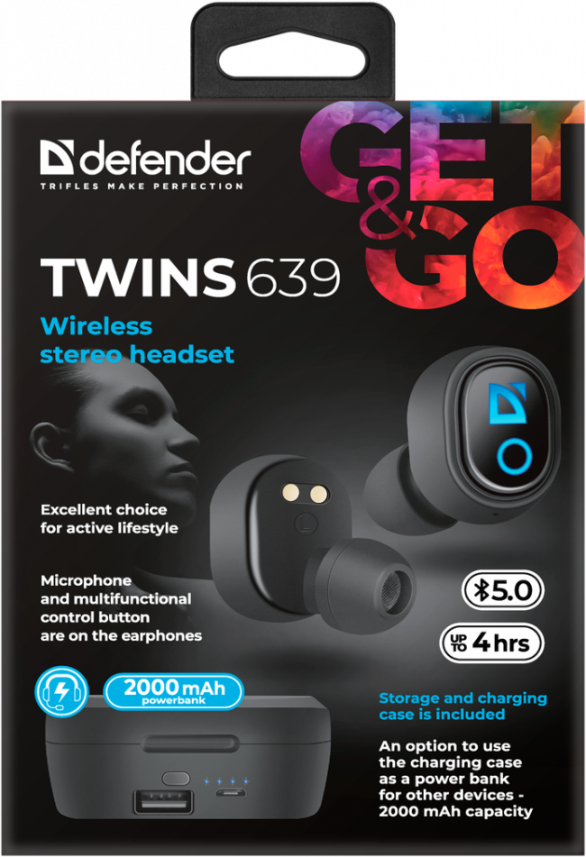 Defender Беспроводная гарнитура Twins 639 черный,TWS, PB, Bluetooth Defender Twins 639