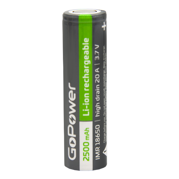 Аккумулятор Li-ion GoPower IMR18650 PC1 20A 3.7V 2500mAh без защиты выс.ток плос.конт. (1/100/400) Аккумулятор Li-ion GoPower IMR18650 без защиты высокий ток с плоскими контактами (00-00018356)