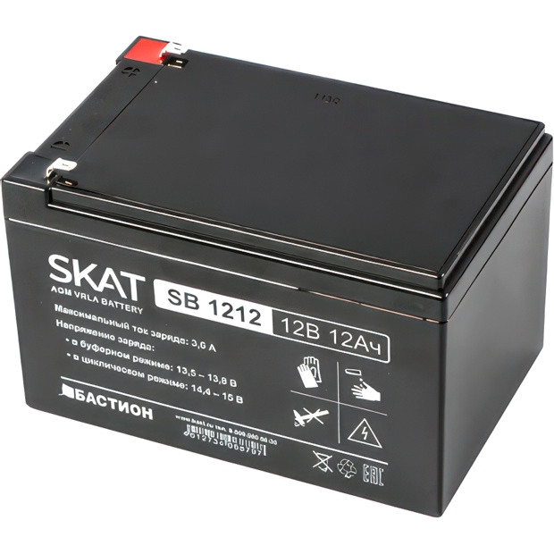 2535 SKAT SB 1212, 12В, 12Ач, максимальный ток заряда 3,6 А. Тип клеммы — F1 нож. Размер корпуса — 99х151х100. Вес — 3,2 кг. Срок службы — 6 лет. Гарантия - 18 месяцев. SKAT SB 1212 (12V / 12Ah)