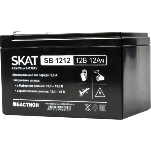 2535 SKAT SB 1212, 12В, 12Ач, максимальный ток заряда 3,6 А. Тип клеммы — F1 нож. Размер корпуса — 99х151х100. Вес — 3,2 кг. Срок службы — 6 лет. Гарантия - 18 месяцев. SKAT SB 1212 (12V / 12Ah)