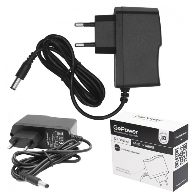 Блок питания GoPower 1.0A 12V 5,5x2,5/12мм импульсный (1/100) Блок питания GoPower 00-00018643 — для бизнеса и офиса