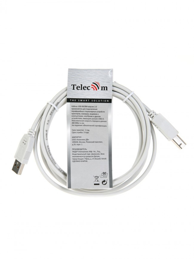 Кабель USB2.0  A-->B (1.8м) Telecom <TC6900-1.8M> Telecom USB 2.0 Type-AM - USB 2.0 Type-BM 1.8м — для бизнеса и офиса