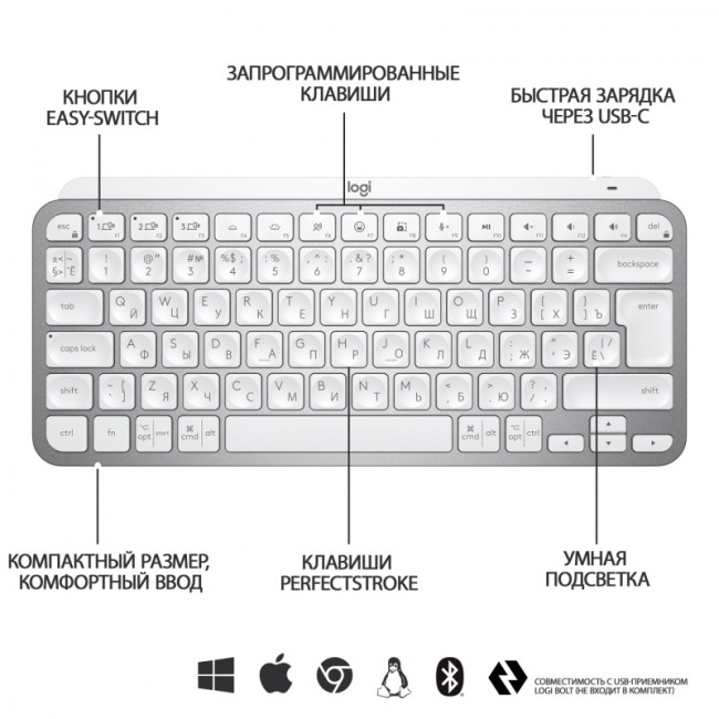 Клавиатура Logitech Wireless MX Keys MINI Keyboard Pale Grey
