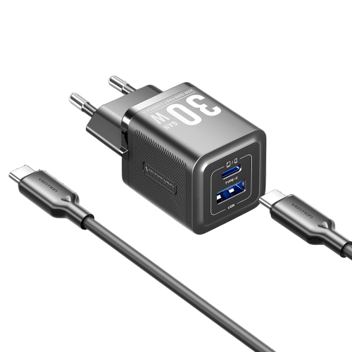 Набор для зарядки Vention з/у GaN 30W 2 порта USB (C + A) и кабель USB-C 3А Чёрный, шт. Vention TZ-FEQB0-EU-01 — для бизнеса и офиса