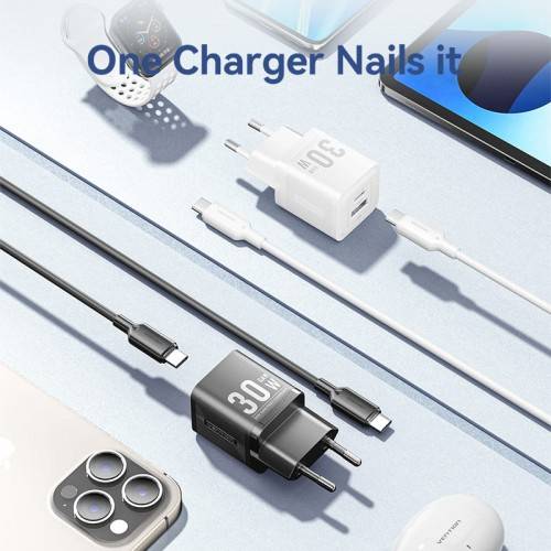 Набор для зарядки Vention з/у GaN 30W 2 порта USB (C + A) и кабель USB-C 3А Чёрный, шт. Vention TZ-FEQB0-EU-01 — для бизнеса и офиса