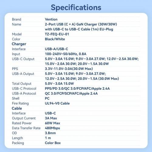 Набор для зарядки Vention з/у GaN 30W 2 порта USB (C + A) и кабель USB-C 3А Чёрный, шт. Vention TZ-FEQB0-EU-01 — для бизнеса и офиса