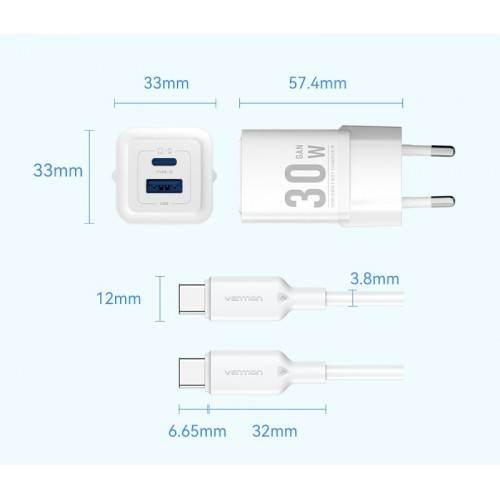 Набор для зарядки Vention з/у GaN 30W 2 порта USB (C + A) и кабель USB-C 3А Чёрный, шт. Vention TZ-FEQB0-EU-01 — для бизнеса и офиса