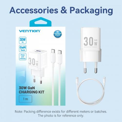 Набор для зарядки Vention з/у GaN 30W 2 порта USB (C + A) и кабель USB-C 3А Чёрный, шт. Vention TZ-FEQB0-EU-01 — для бизнеса и офиса