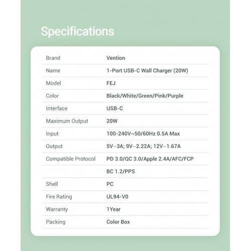 Сетевое зарядное устройство Vention на 1 порт USB С 20W  Розовый, шт. Vention FEJP0-EU — для бизнеса и офиса