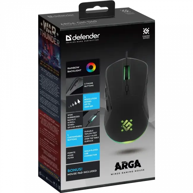 Defender Проводная игровая мышь Arga GM-049 черн,радуж,6кн,3600dpi,+ковер Defender Arga GM-049 — для бизнеса и офиса