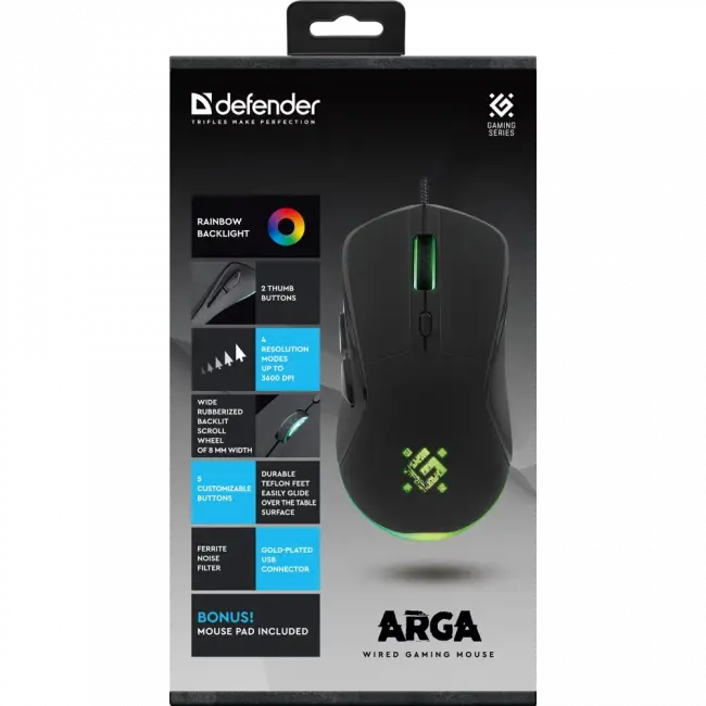Defender Проводная игровая мышь Arga GM-049 черн,радуж,6кн,3600dpi,+ковер Defender Arga GM-049 — для бизнеса и офиса