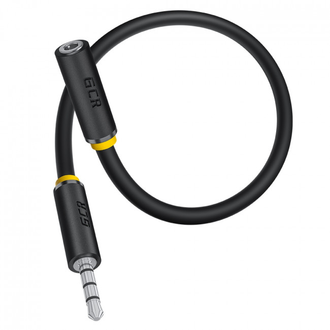 GCR Удлинитель для гарнитуры 0.3m jack 3,5mm/jack 3,5mm черный, желтая окантовка, 28AWG, M/F Greenconnect jack 3,5mm (m) - jack 3,5mm (f) 0.3 черный — для бизнеса и офиса