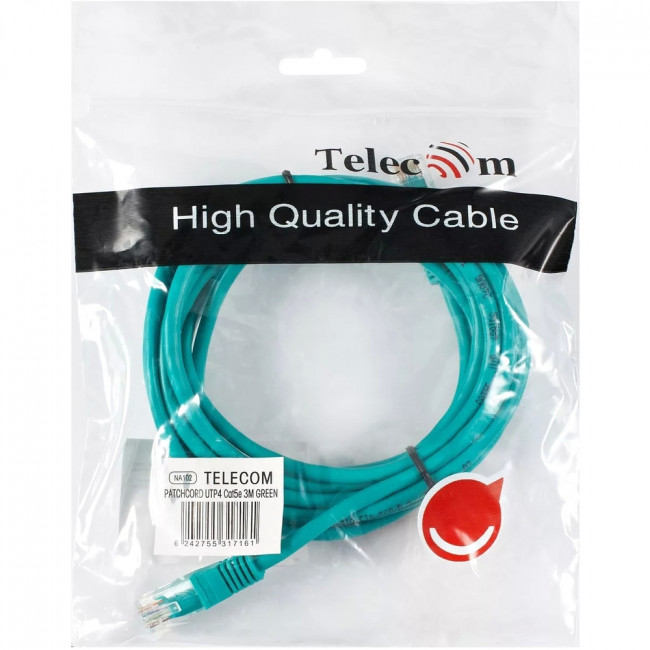 Патчкорд литой "Telecom" UTP кат.5е 3,0м зеленый VCOM NA102-G-3M — для бизнеса и офиса