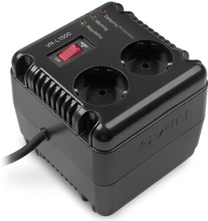 Стабилизатор SVEN VR-L1500, релейный, 500вт, 184-285в, 2 евророзетки, 1 розетка ІЕС 320, черный, габариты  124 ? 119 ? 124мм, 2.09кг. SVEN VR-L1500