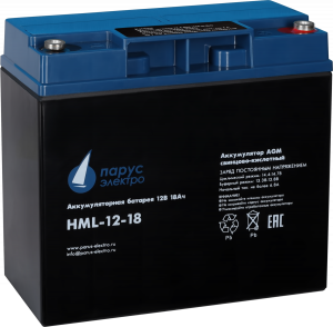 Батарея Парус Электро, профессиональная серия HML-12-18, напряжение 12В, емкость 18Ач (разряд 20 часов), макс. ток разряда (5сек) 225А, макс. ток заряда 6.8А, свинцово-кислотная типа AGM, клеммы под болт М5, ДхШхВ 181х77х167мм., полная высота с клеммами 1