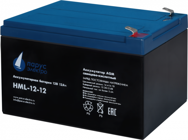 Батарея Парус Электро, профессиональная серия HML-12-12, напряжение 12В, емкость 12Ач (разряд 20 часов), макс. ток разряда (5сек) 180А, макс. ток заряда 4.8А, свинцово-кислотная типа AGM, клеммы F2, ДхШхВ 151х98х95мм., полная высота с клеммами 101мм., вес — для бизнеса и офиса