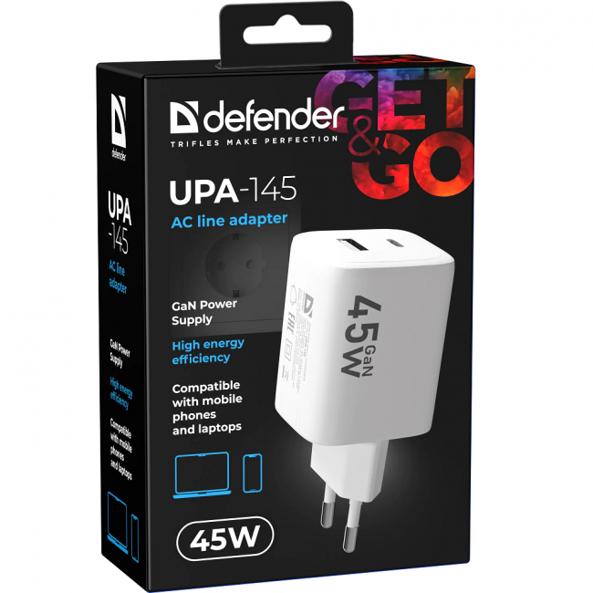 Defender Сетевой адаптер UPA-145 45W, USB A+C, белый Defender 83245 — для бизнеса и офиса Defender Сетевой адаптер UPA-145 45W, USB A+C, белый Defender 83245 — для бизнеса и офиса