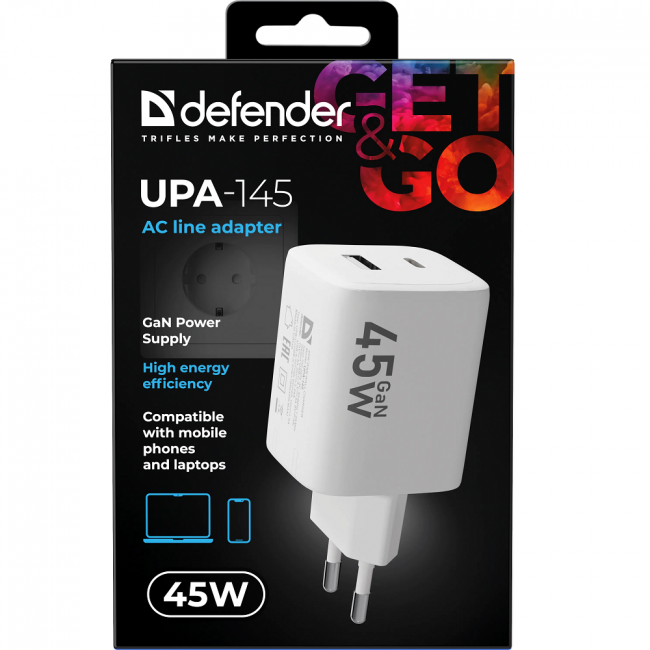 Defender Сетевой адаптер UPA-145 45W, USB A+C, белый Defender 83245 — для бизнеса и офиса Defender Сетевой адаптер UPA-145 45W, USB A+C, белый Defender 83245 — для бизнеса и офиса