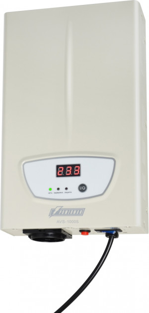 Стабилизатор POWERMAN AVS 1000S, ступенчатый регулятор, цифровые индикаторы уровней напряжения, 1000ВА, 140-260В, максимальный входной ток 7А, 1 евророзетка, IP-20, навесного исполнения, 290мм х 175мм х 68мм, 3,09 кг. POWERMAN AVS 1000S