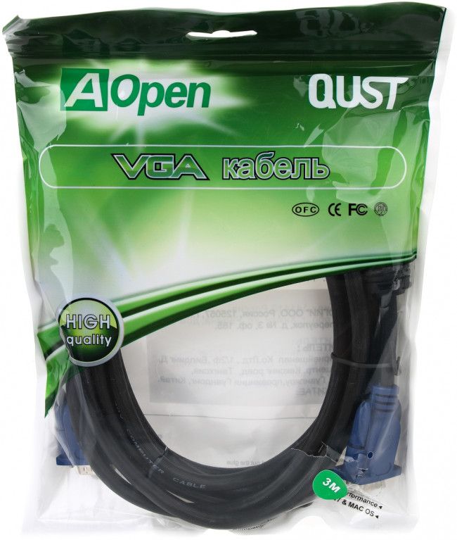 Кабель монитор-SVGA card (15M-15M) 3м 2 фильтра Aopen/Qust <ACG341AD-3M> AOpen VGA (m) - VGA (m) 3м