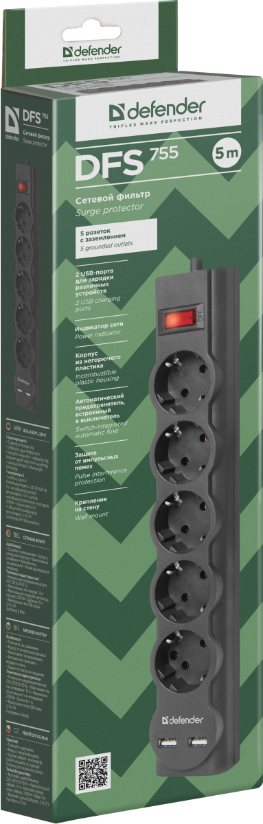 Сетевой фильтр Defender DFS 755 5,0 м, 5 розеток, 2xUSB, 2.1A Defender DFS 755 (5 м, 5 розеток) Сетевой фильтр Defender DFS 755 5,0 м, 5 розеток, 2xUSB, 2.1A Defender DFS 755 (5 м, 5 розеток)