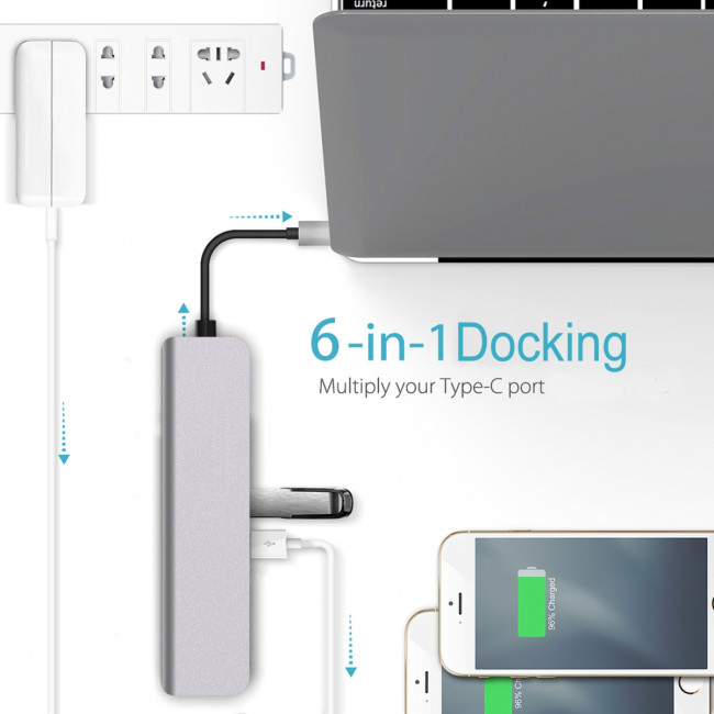 Адаптер Type-CM-->HDMI 4K*30Hz+2*USB3.0+TF+SD+PD AlumiShell, VCOM <CU4371> VCOM CU4371