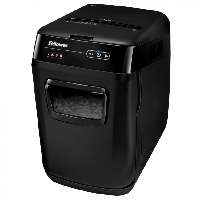 Шредер Fellowes® AutoMax® 150C, автоподача, DIN P-4, 4х38мм, 150лст. авто, 8 ручн., 32 лтр., авторев, шт Fellowes AutoMax 150C — для бизнеса и офиса
