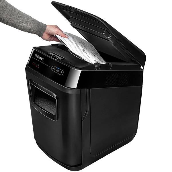 Шредер Fellowes® AutoMax® 150C, автоподача, DIN P-4, 4х38мм, 150лст. авто, 8 ручн., 32 лтр., авторев, шт Fellowes AutoMax 150C — для бизнеса и офиса