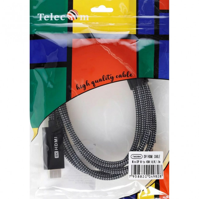 Кабель miniDisplayPort M-> HDMI M 4K@120Hz/8K@30Hz 1.8m Telecom,оплетка (TA820M-1.8M) Кабель-переходник Telecom Mini DisplayPort M/HDMI M (TA820M-1.8M) — для бизнеса и офиса