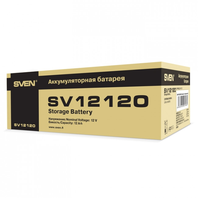 Батарея SVEN SV 12120 (12V 12Ah), напряжение 12В, емкость 12А*ч, макс. ток разряда 180А, макс. ток заряда 3.6А, свинцово-кислотная типа AGM, тип клемм F2 Sven SV-0222012