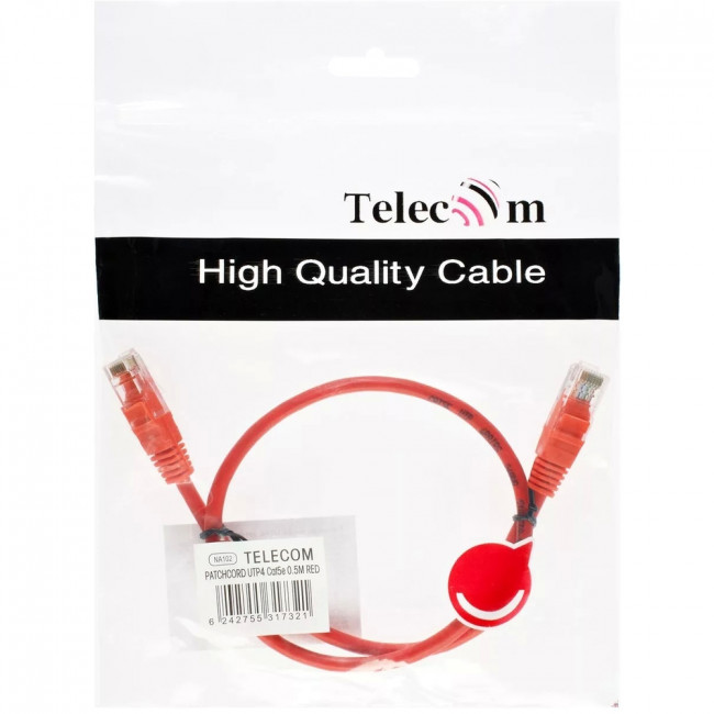 Патчкорд литой "Telecom" UTP кат.5е 0,5м красный VCOM NA102-R-0.5M — для бизнеса и офиса