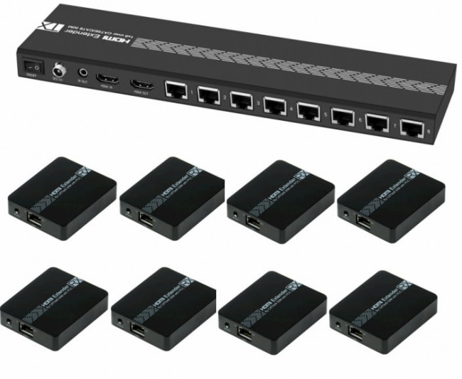 Разветвитель HDMI 1.4 через LAN кабель, 1 x 8 +1 GreenLine, до 50.0m, 1080P 60Hz, EDID, удлинитель ИК, GL-vE18 Greenconnect HDMI (f) - HDMI (f)