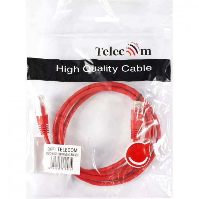Патчкорд литой "Telecom" UTP кат.5е 1,5м красный VCOM NA102-R-1.5M Патчкорд литой "Telecom" UTP кат.5е 1,5м красный VCOM NA102-R-1.5M