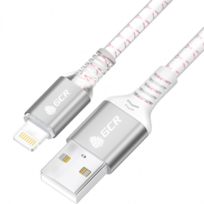 GCR Кабель 1.0m AM/Lightning LED для iPhone, iPad, Air, MFi, бело-розовый, AL case серебро, прозрачный ПВХ Кабель Greenconnect 1.0 м (GCR-54443) — для бизнеса и офиса