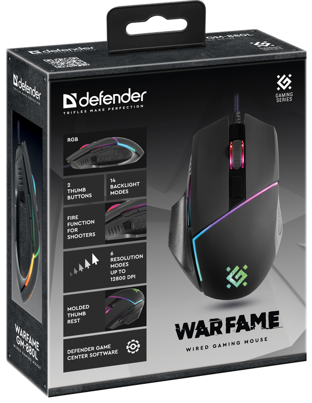 Defender Проводная игровая мышь Warfame GM-880L RGB,8кнопок,12800dpi Defender Warfame GM-880L (52880) — для бизнеса и офиса