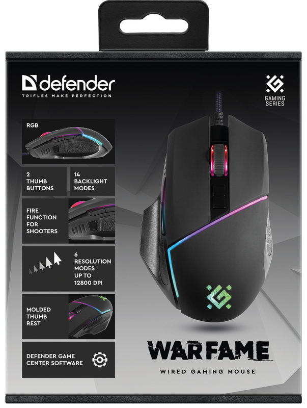 Defender Проводная игровая мышь Warfame GM-880L RGB,8кнопок,12800dpi Defender Warfame GM-880L (52880) — для бизнеса и офиса