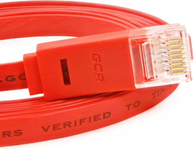 Greenconnect Патч-корд PROF плоский прямой 1.0m, UTP медь кат.6, красный, позолоченные контакты, 30 AWG, GCR-LNC624-1.0m, ethernet high speed 10 Гбит/с, RJ45, T568B Greenconnect RJ45(m) - RJ45(m) Cat. 6 U/UTP PVC 1м красный