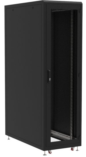 Напольный 19" серверный шкаф MIROTEK 42U,ширина 800мм, глубина 1050мм, двери вентилируемые 86% перфорации: спереди одностворчатая, сзади двухстворчатая, грузоподъемность 1500кг, ролики, цвет RAL9005 (черный) MIROTEK МИР MIR3150