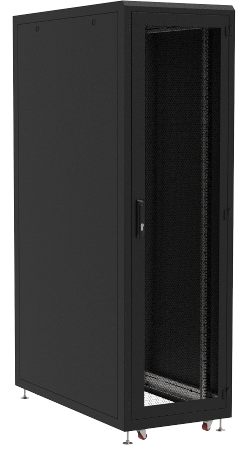 Напольный 19" серверный шкаф MIROTEK 42U,ширина 800мм, глубина 1050мм, двери вентилируемые 86% перфорации: спереди одностворчатая, сзади двухстворчатая, грузоподъемность 1500кг, ролики, цвет RAL9005 (черный) MIROTEK МИР MIR3150 — для бизнеса и офиса