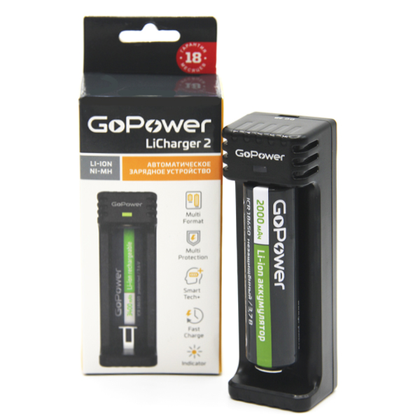 З/У для аккумуляторов GoPower LiCharger 2 Ni-MH/Ni-Cd/Li-ion/IMR 1 слот (1/100) З/У для аккумуляторов GoPower LiCharger 2 (00-00015361)