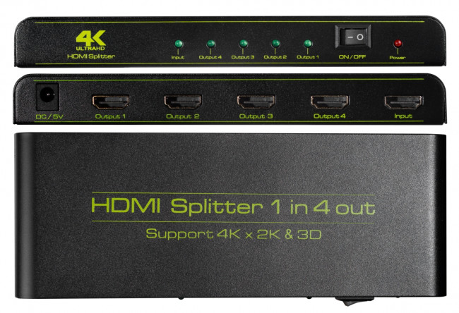 Greenconnect Разветвитель v1.4 HDMI 1на 4 выхода, 4K2K 30Hz /1080p 120Hz + индикация серия Greenline GL-v104C Greenconnect HDMI (f) to 4 x HDMI (f) — для бизнеса и офиса